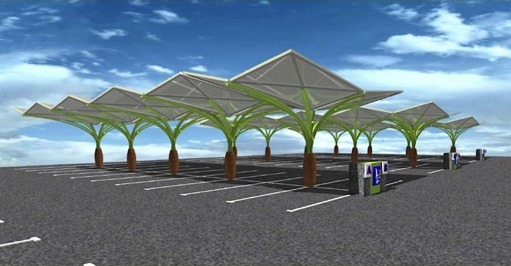 diamond roof parking lot pv system, inspired by tropical palm groves.