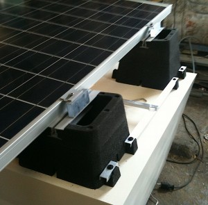 Prototype for a diamond roof flat roof racking system. The cones are made of lightweight EPP.
