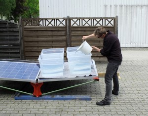 Fast verification of the strength calculations: Four water containers and some 85 gallons of water.